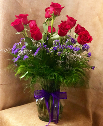 INACTIVE Dozen Long-Stemmed Roses with Purple Statice from Martha Mae's Floral & Gifts in McDonough, GA