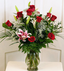 INACTIVE Dozen Long-Stemmed Red Roses & Stargazer Lilies from Martha Mae's Floral & Gifts in McDonough, GA