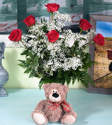 INACTIVE 6 Roses Arranged with a Bear  from Martha Mae's Floral & Gifts in McDonough, GA