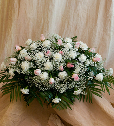 Pink Rose and White Carnation Casket Spray from Martha Mae's Floral & Gifts in McDonough, GA